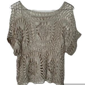 Loose Knit Sweater Neutral Crochet Boxy Cover Up Beachy Coastal Prep Size M